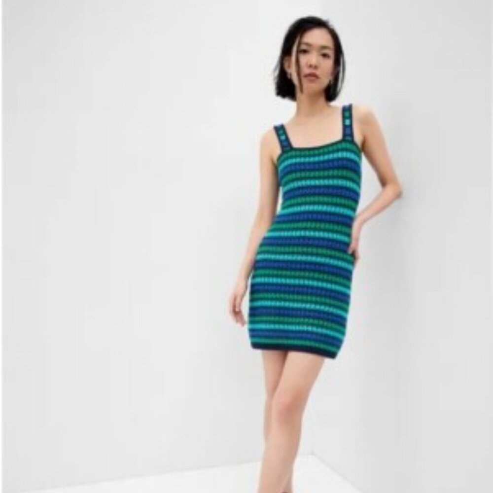 Gap Womens Crochet Mini Dress SZ Medium Stripes Blue/Green Summer Vacation Beach